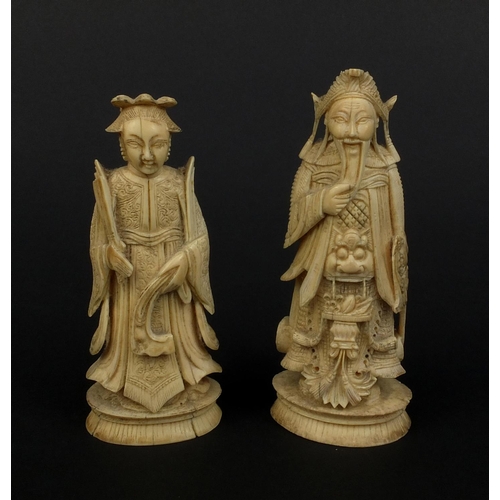 791 - Two Chinese Cantonese carved ivory figures one of an emperor and one of an empress, the tallest 10.5... 