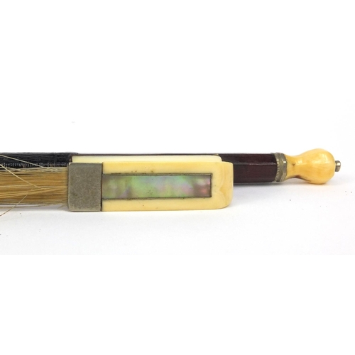 546 - Old wooden violin bow with ivory and Mother of Pearl frog and screw, 73cm long