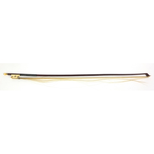 546 - Old wooden violin bow with ivory and Mother of Pearl frog and screw, 73cm long