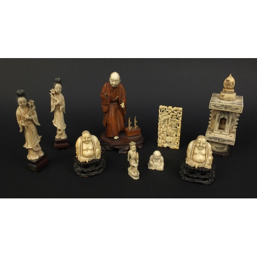 792 - Collection of ivory figures including a boxwood and ivory example, some Cantonese examples together ... 