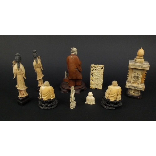 792 - Collection of ivory figures including a boxwood and ivory example, some Cantonese examples together ... 