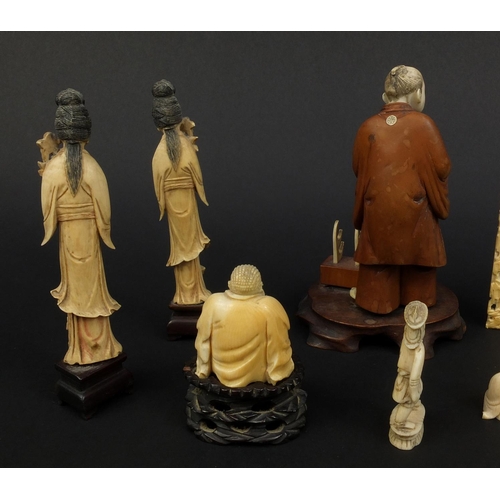 792 - Collection of ivory figures including a boxwood and ivory example, some Cantonese examples together ... 