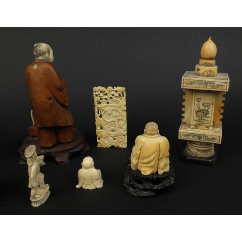 792 - Collection of ivory figures including a boxwood and ivory example, some Cantonese examples together ... 