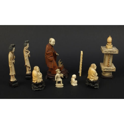 792 - Collection of ivory figures including a boxwood and ivory example, some Cantonese examples together ... 