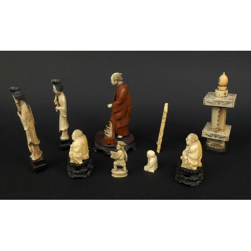 792 - Collection of ivory figures including a boxwood and ivory example, some Cantonese examples together ... 