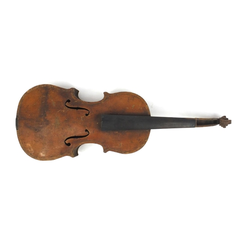 542 - Old wooden violin with two piece back and scrolled neck, 45.5cm long