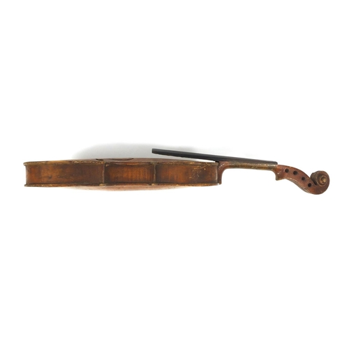 542 - Old wooden violin with two piece back and scrolled neck, 45.5cm long