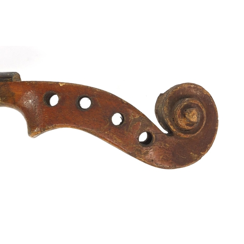 542 - Old wooden violin with two piece back and scrolled neck, 45.5cm long