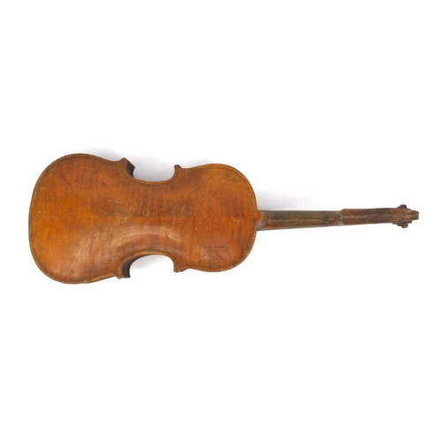 542 - Old wooden violin with two piece back and scrolled neck, 45.5cm long