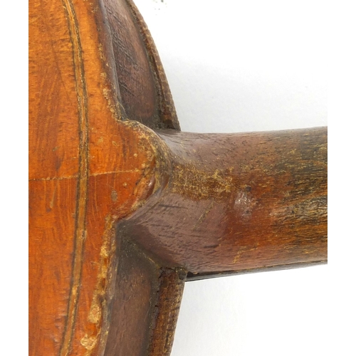 542 - Old wooden violin with two piece back and scrolled neck, 45.5cm long