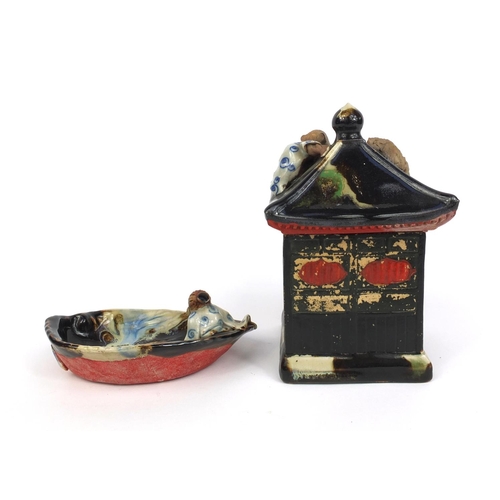 785 - Japanese Sumida Gawa pot and cover in the form of a pagoda, together with a Japanese Sumida Gawa pot... 