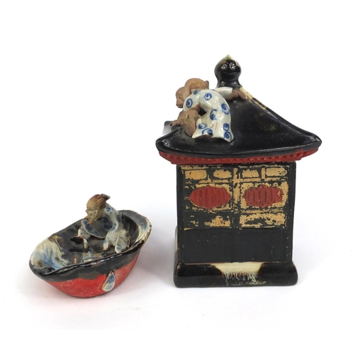 785 - Japanese Sumida Gawa pot and cover in the form of a pagoda, together with a Japanese Sumida Gawa pot... 