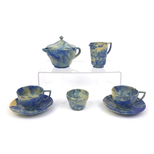 962 - Art Deco Brooks & Adams Beatl cloudy blue Bakelite tea for two, comprising teapot, milk jug, sugar b... 