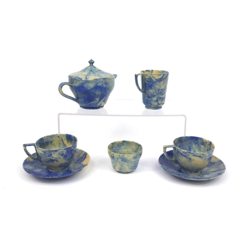 962 - Art Deco Brooks & Adams Beatl cloudy blue Bakelite tea for two, comprising teapot, milk jug, sugar b... 