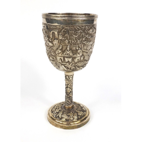 797 - Chinese silver Masonic interest goblet profusely embossed with figures, pagodas and trees, with engr... 