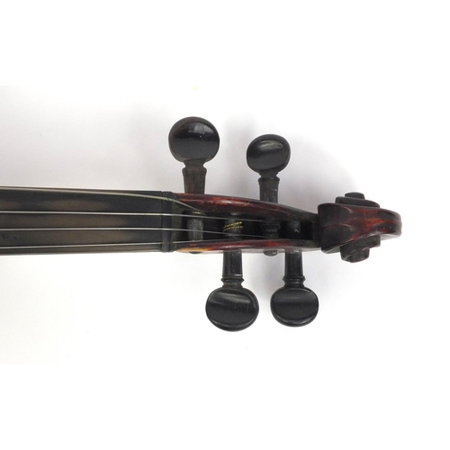 545 - Old wooden violin with one piece back, bearing a label to the interior, together with a bow and fitt... 