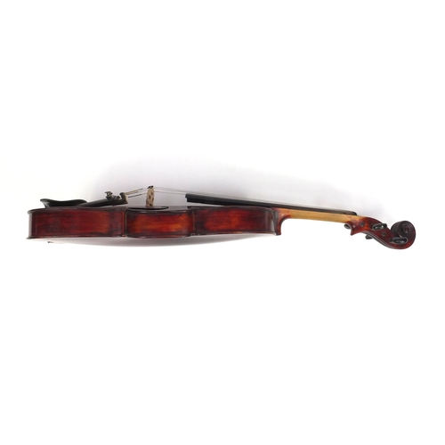 545 - Old wooden violin with one piece back, bearing a label to the interior, together with a bow and fitt... 