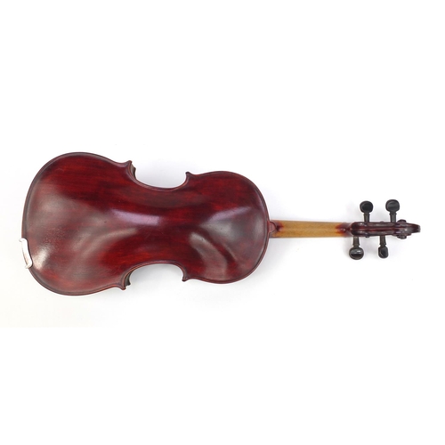 545 - Old wooden violin with one piece back, bearing a label to the interior, together with a bow and fitt... 