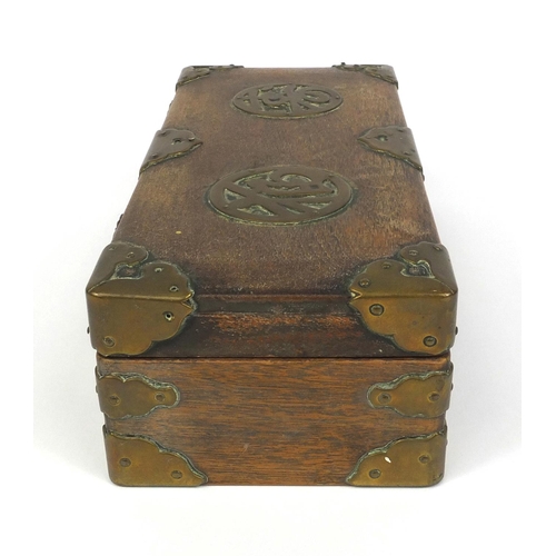 812 - Chinese hardwood cash box with hinged lid and brass mounts, 7.5cm high x 24cm wide x 11cm deep