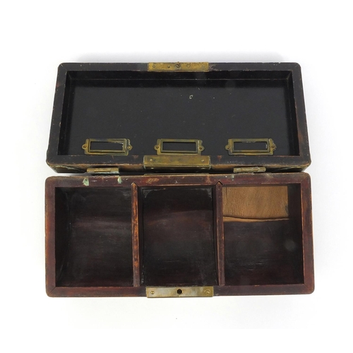 812 - Chinese hardwood cash box with hinged lid and brass mounts, 7.5cm high x 24cm wide x 11cm deep