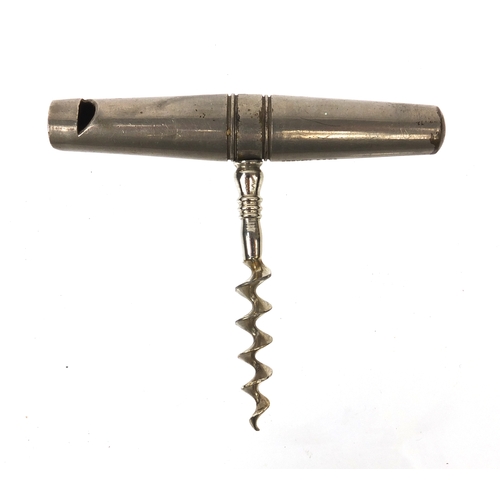 70 - French travelling barrel corkscrew with whistle top, Brevete S.G.D.G. Paris T.D stamped to the case,... 