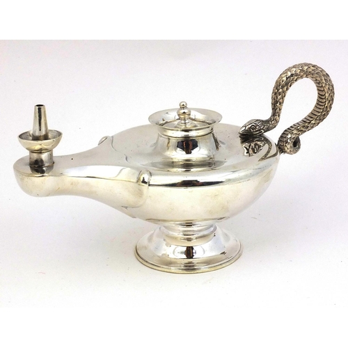326 - Mappin & Webb silver genie lamp table lighter with serpent handle, London 1937, 16cm long, approxima... 