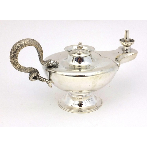 326 - Mappin & Webb silver genie lamp table lighter with serpent handle, London 1937, 16cm long, approxima... 