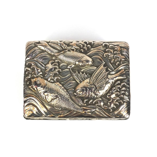 802 - Rectangular Japanese double skin silver box the hinged lid and body profusely embossed with three fi... 