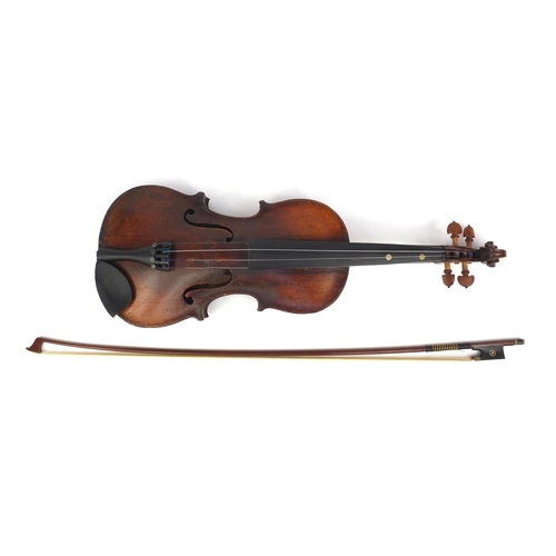 544 - 19th century wooden violin with one piece back, together with bow and fitted stagg case, the violin ... 