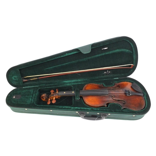 544 - 19th century wooden violin with one piece back, together with bow and fitted stagg case, the violin ... 