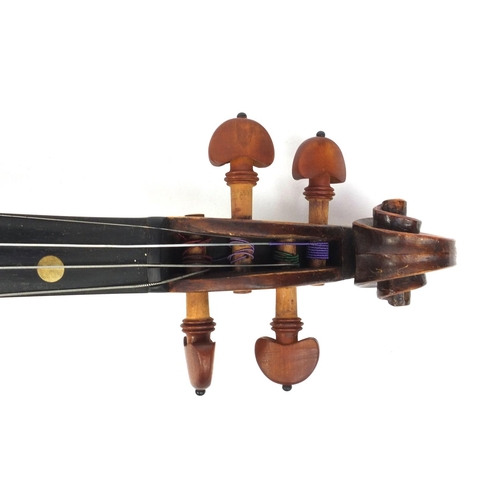 544 - 19th century wooden violin with one piece back, together with bow and fitted stagg case, the violin ... 