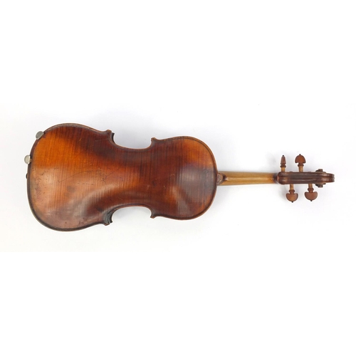 544 - 19th century wooden violin with one piece back, together with bow and fitted stagg case, the violin ... 