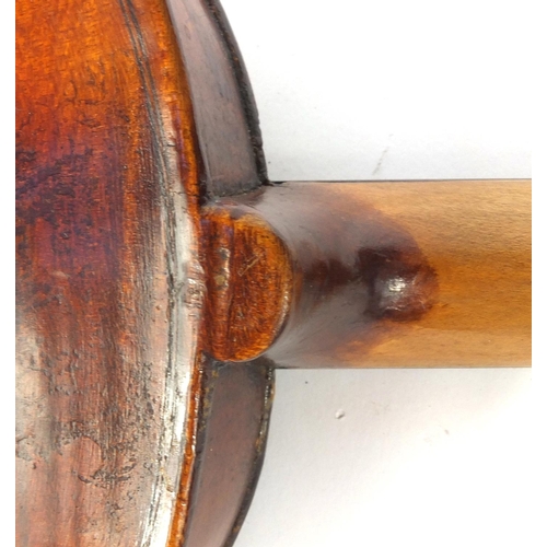 544 - 19th century wooden violin with one piece back, together with bow and fitted stagg case, the violin ... 