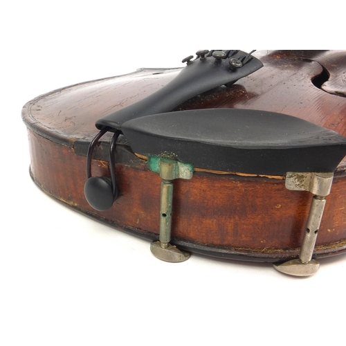 544 - 19th century wooden violin with one piece back, together with bow and fitted stagg case, the violin ... 