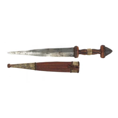 537 - Middle Eastern dagger with snake skin and leather sheath and grip, 28cm long