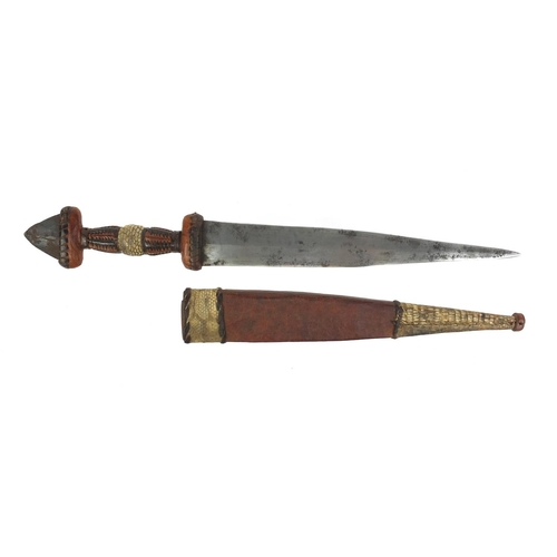 537 - Middle Eastern dagger with snake skin and leather sheath and grip, 28cm long