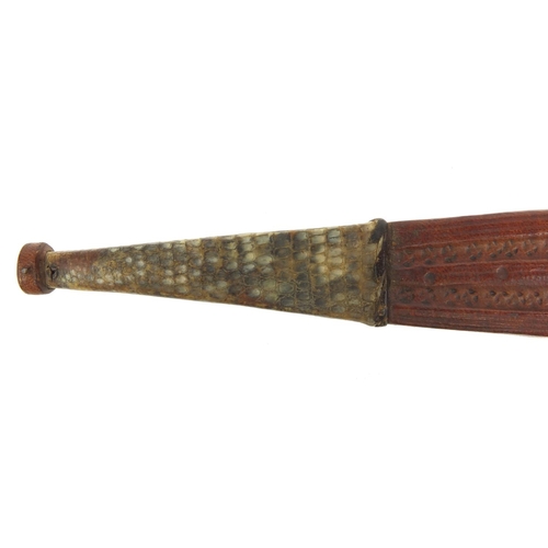 537 - Middle Eastern dagger with snake skin and leather sheath and grip, 28cm long