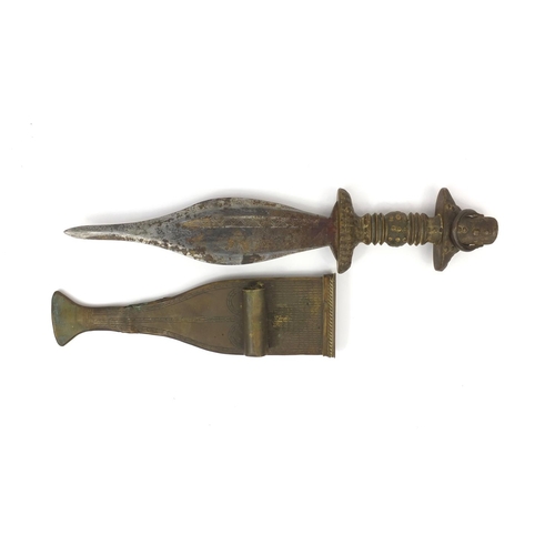 536 - African knife with brass handle and scabbard, the steel blade with incised decoration, 42cm long