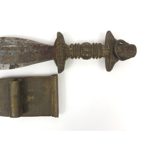 536 - African knife with brass handle and scabbard, the steel blade with incised decoration, 42cm long