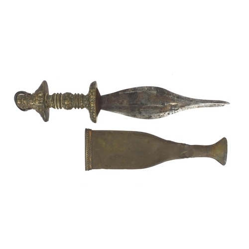 536 - African knife with brass handle and scabbard, the steel blade with incised decoration, 42cm long