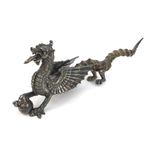 327 - Dragon of Wantley novelty silver plated and horn table lighter by Walker and Hall, 50cm long