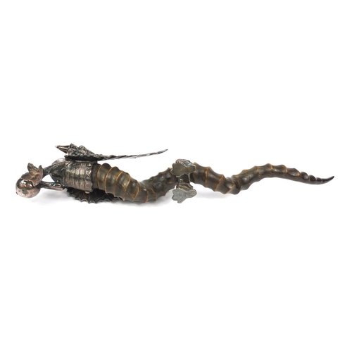 327 - Dragon of Wantley novelty silver plated and horn table lighter by Walker and Hall, 50cm long