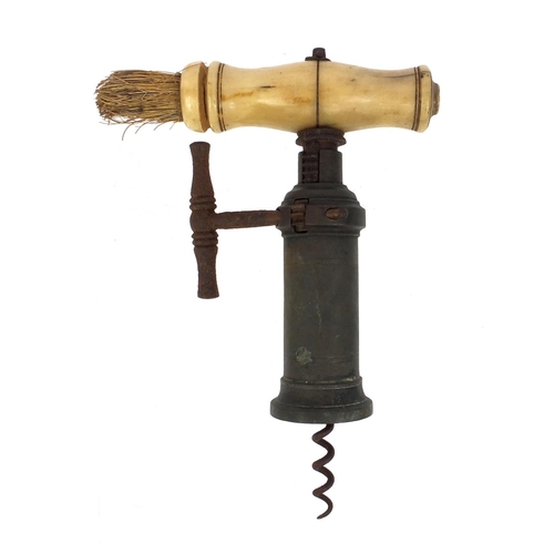 7 - 19th century brass corkscrew with bone handle, cast iron ratchet sidearm and side brush, 19cm when c... 