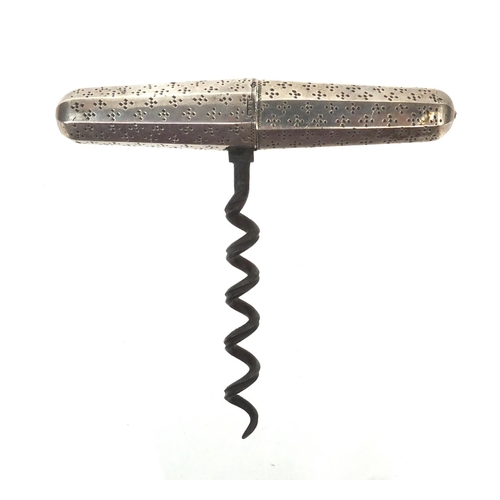 68 - Unmarked silver barrel style folding corkscrew with punch dot decoration, impressed numbers, 7cm whe... 