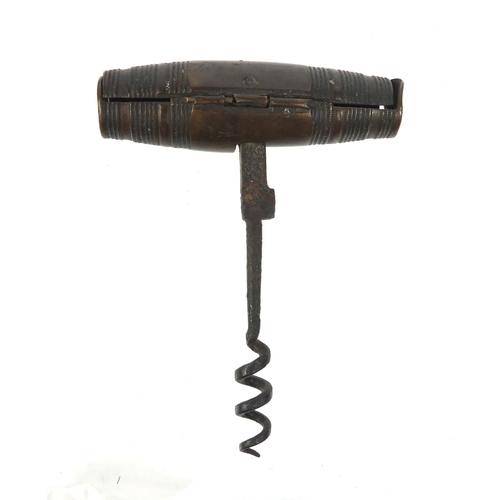 69 - 19th century brass barrel type folding corkscrew, 6cm when closed