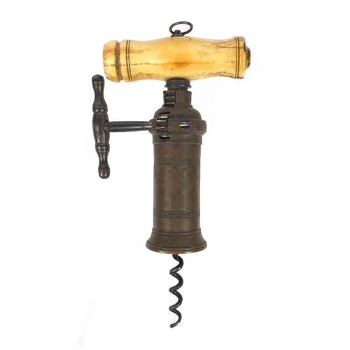 6 - 19th century brass corkscrew with bone handle and bone ratchet sidearm, 20cm when closed