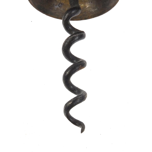 6 - 19th century brass corkscrew with bone handle and bone ratchet sidearm, 20cm when closed