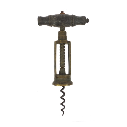 30 - 19th century brass open framed corkscrew with ebony handle, 20cm when closed