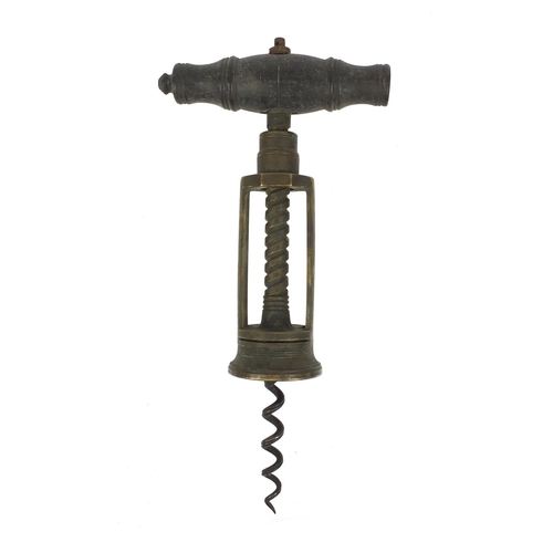 30 - 19th century brass open framed corkscrew with ebony handle, 20cm when closed