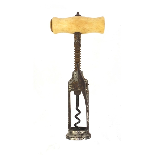 14 - 19th century steel open framed corkscrew with cast iron ratchet sidearm and  bone handle, 19cm when ... 
